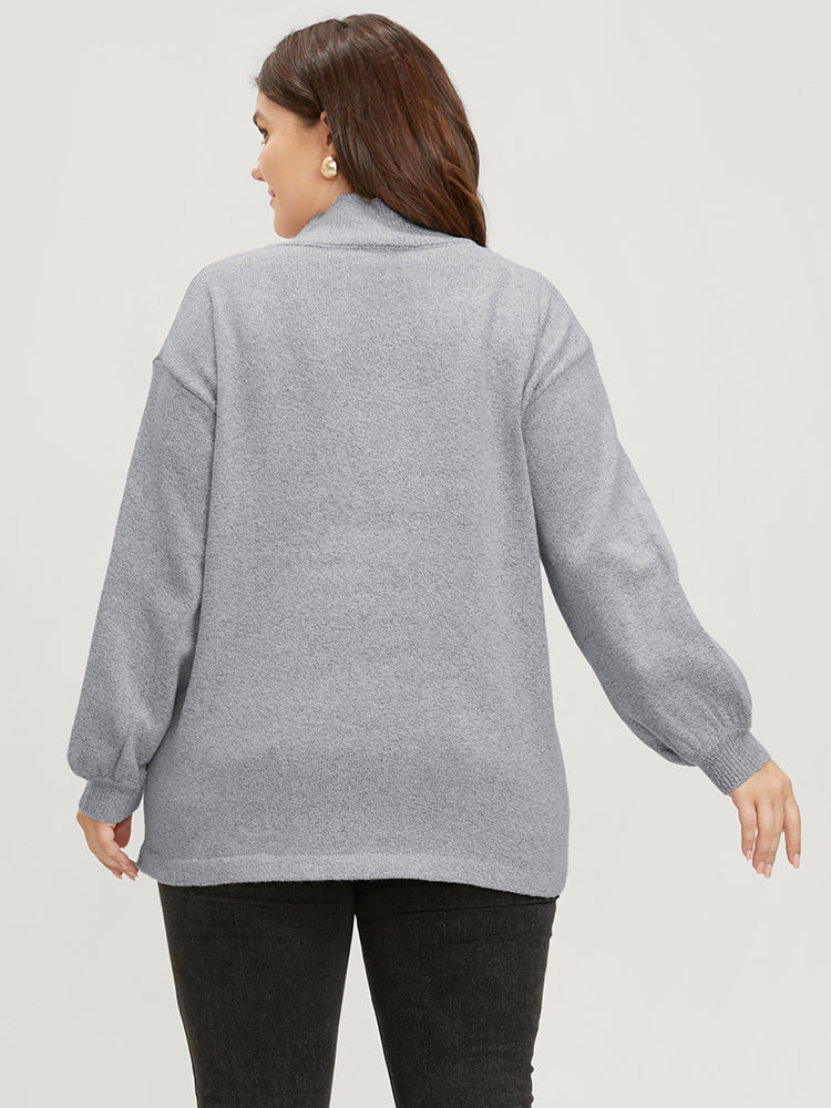 Solid Pointelle Knit Lantern Sleeve Mock Neck Heather Knit Top - Image 5