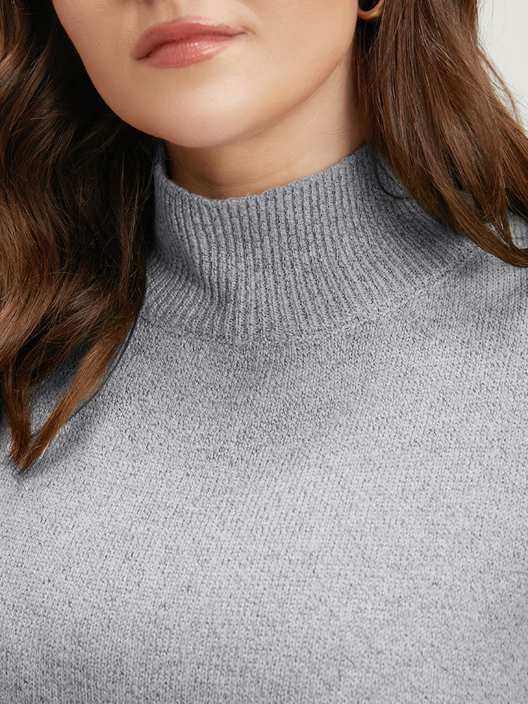 Solid Pointelle Knit Lantern Sleeve Mock Neck Heather Knit Top - Image 6