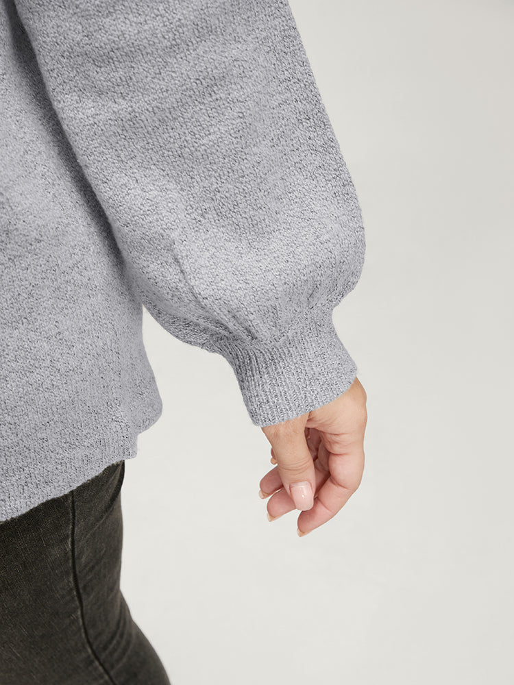 Solid Pointelle Knit Lantern Sleeve Mock Neck Heather Knit Top - Image 7