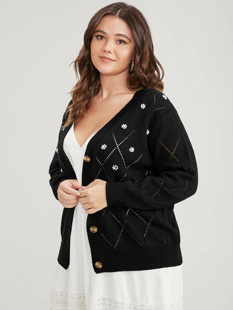 Solid Pointelle Knit Pearl Beaded Crochet Button Front Cardigan - Image 2