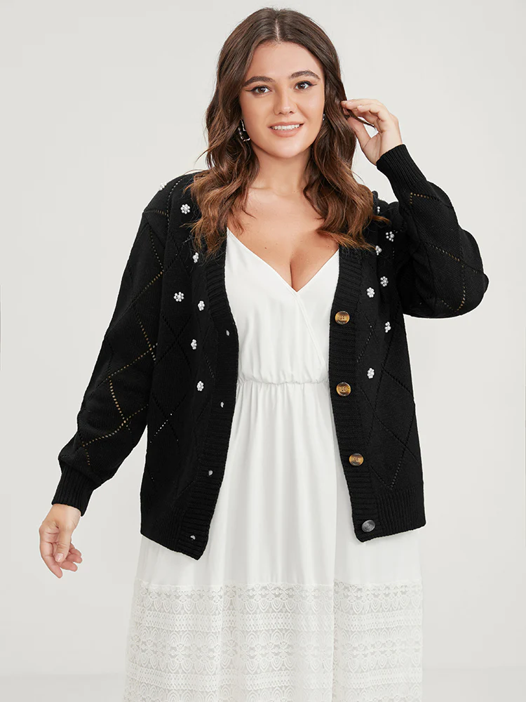 Solid Pointelle Knit Pearl Beaded Crochet Button Front Cardigan - Image 3