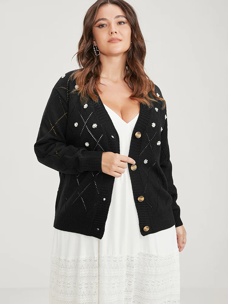 Solid Pointelle Knit Pearl Beaded Crochet Button Front Cardigan - Image 4