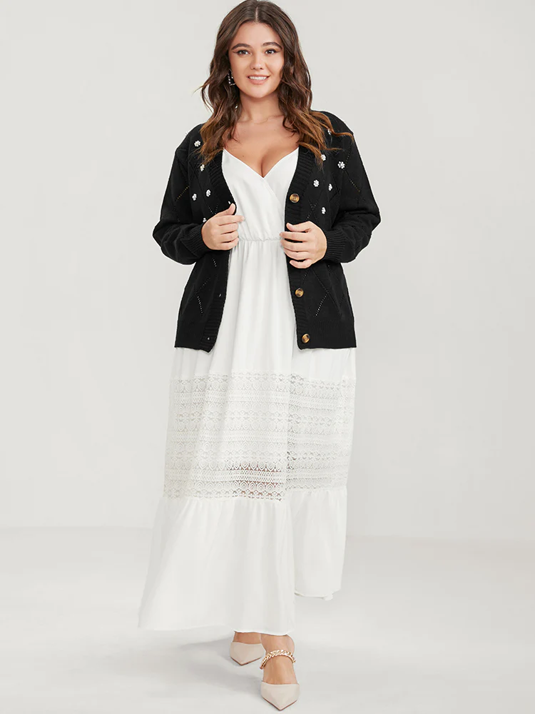 Solid Pointelle Knit Pearl Beaded Crochet Button Front Cardigan - Image 5