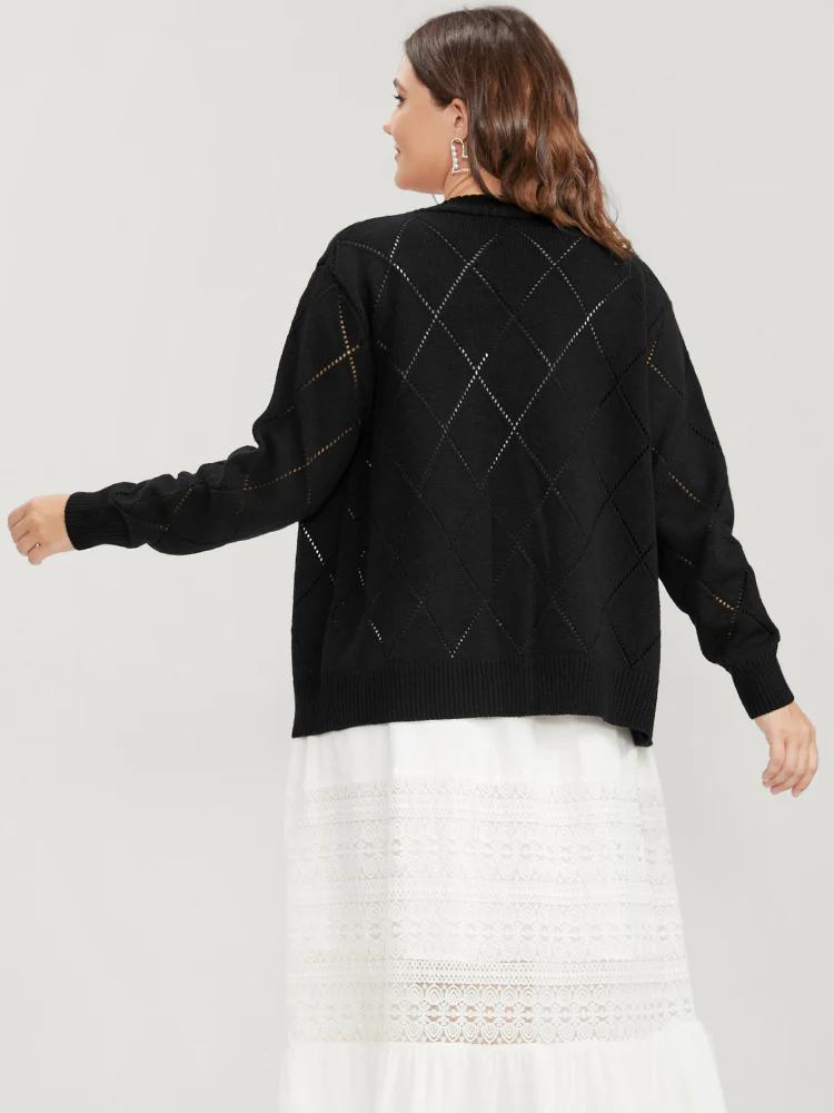 Solid Pointelle Knit Pearl Beaded Crochet Button Front Cardigan - Image 6
