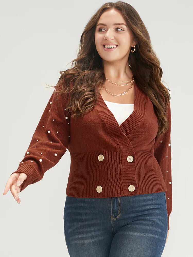 Solid Pointelle Knit Pearls Beaded Button Front Knit Top - Image 2