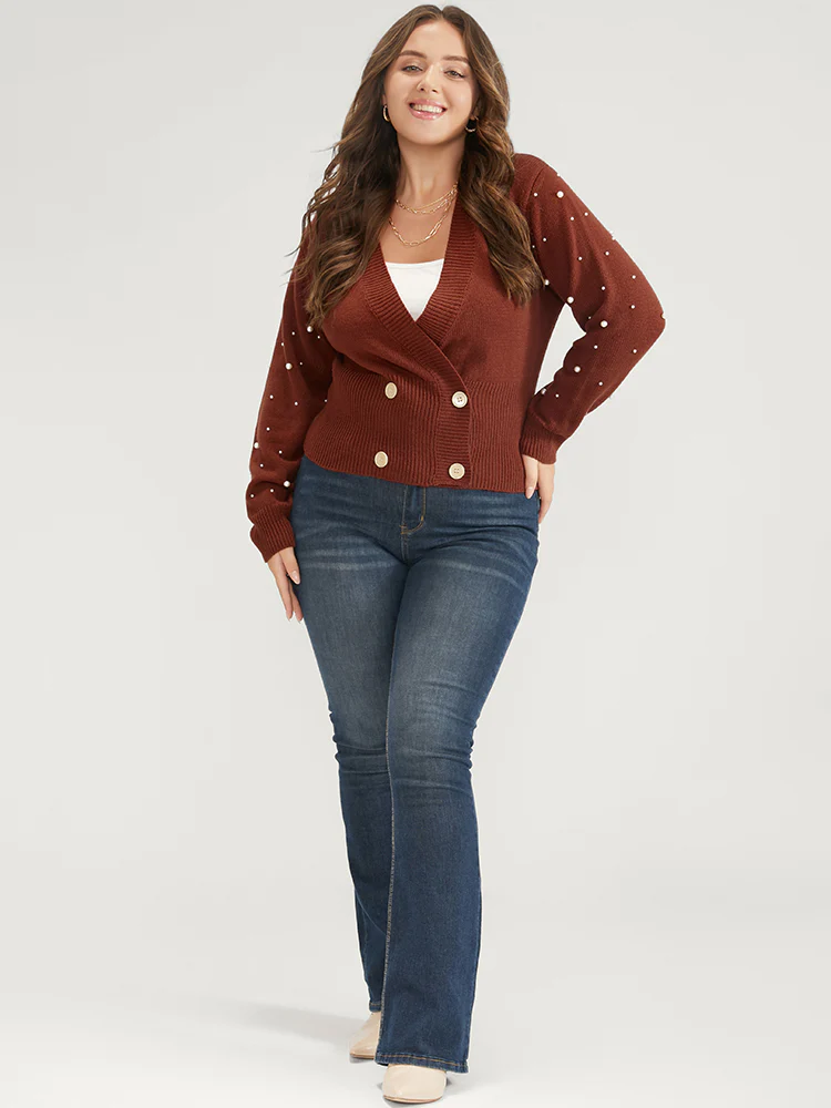 Solid Pointelle Knit Pearls Beaded Button Front Knit Top - Image 3