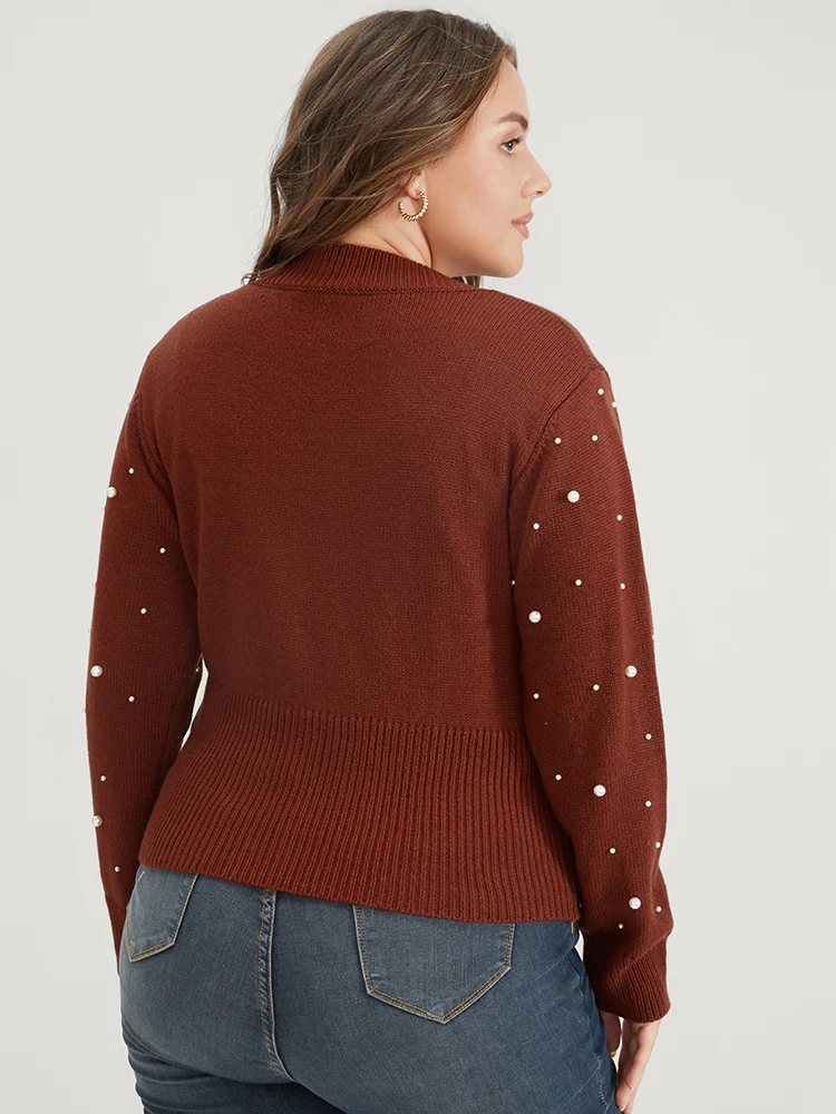Solid Pointelle Knit Pearls Beaded Button Front Knit Top - Image 7