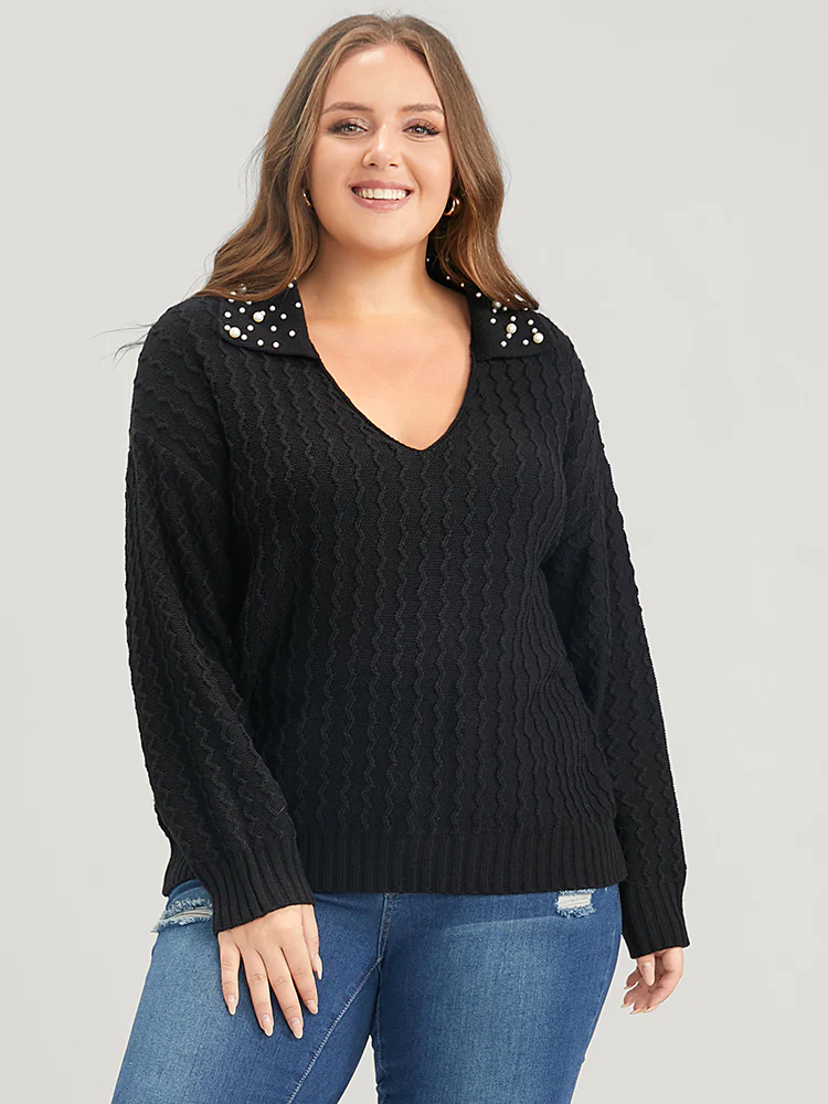 Solid Pointelle Knit Pearls Beaded Collar Neck Knit Top - Image 2