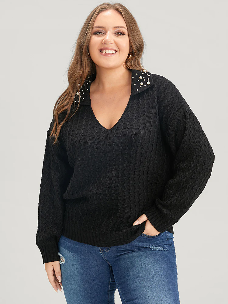 Solid Pointelle Knit Pearls Beaded Collar Neck Knit Top - Image 3