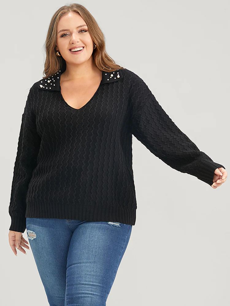 Solid Pointelle Knit Pearls Beaded Collar Neck Knit Top - Image 4