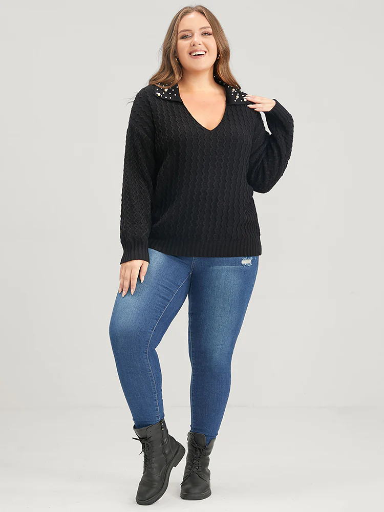 Solid Pointelle Knit Pearls Beaded Collar Neck Knit Top - Image 5