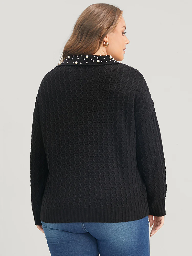 Solid Pointelle Knit Pearls Beaded Collar Neck Knit Top - Image 6