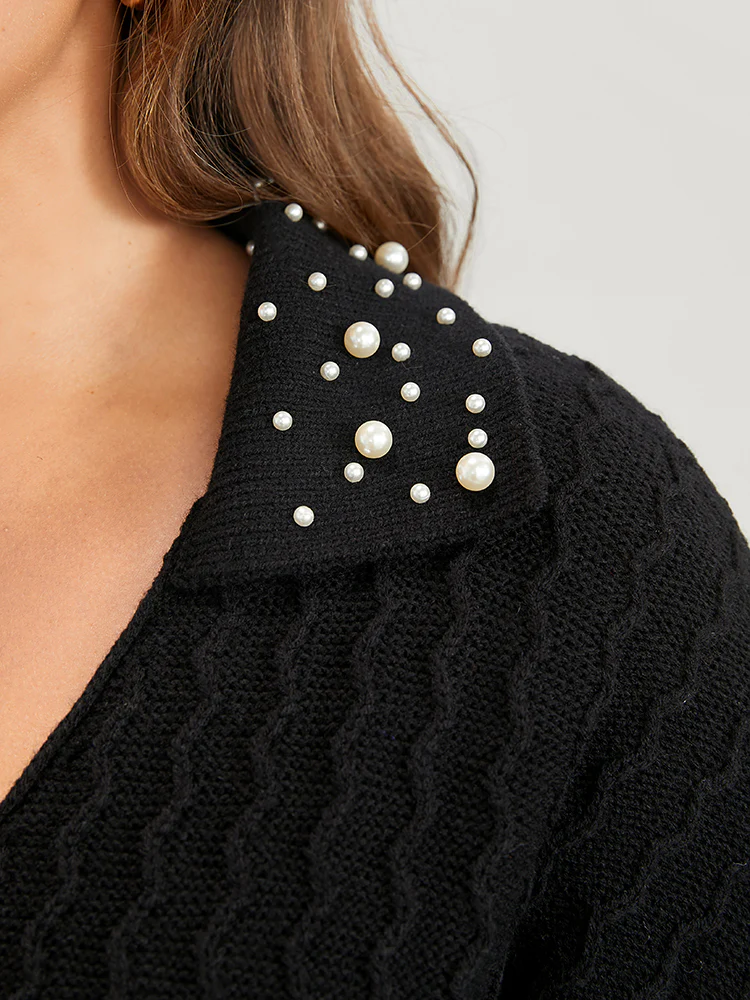 Solid Pointelle Knit Pearls Beaded Collar Neck Knit Top - Image 7