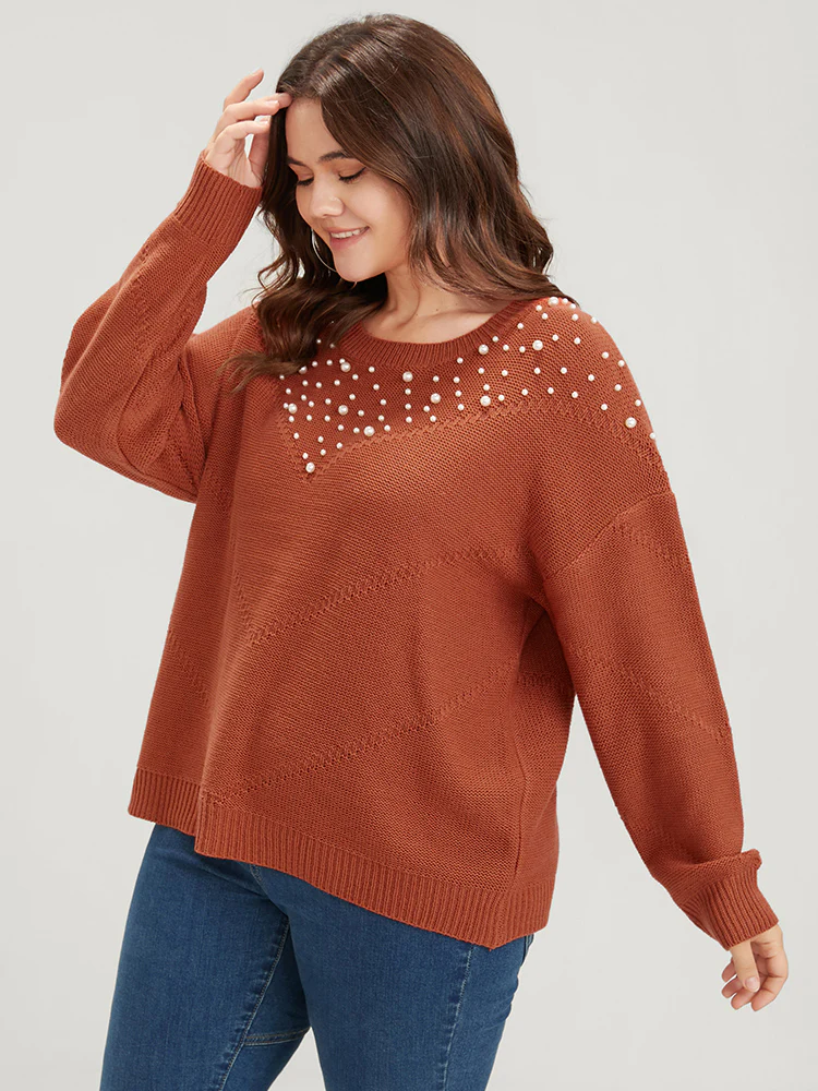 Solid Pointelle Knit Pearls Beaded Knit Top - Image 2