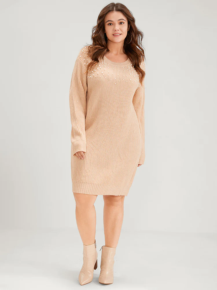 Solid Pointelle Knit Pearls Beaded Round Neck Sweater Dress - Image 3