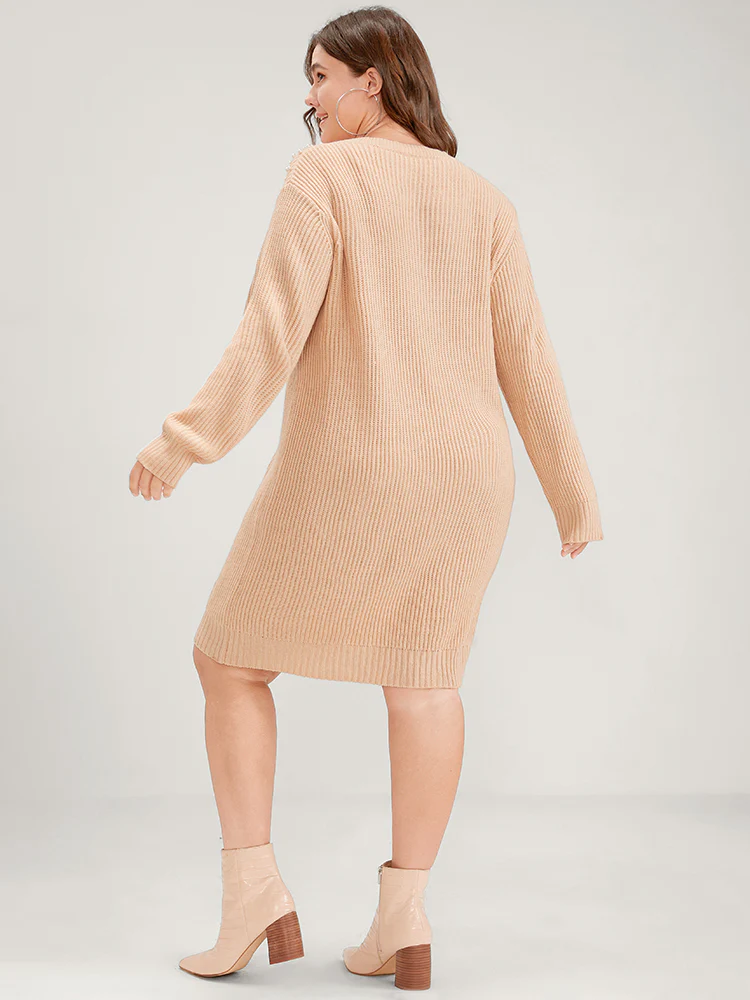 Solid Pointelle Knit Pearls Beaded Round Neck Sweater Dress - Image 6