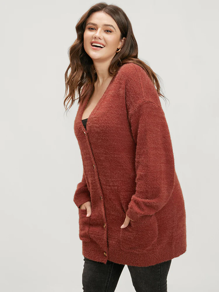 Solid Pointelle Knit Pocket Button Front Heather Cardigan - Image 2