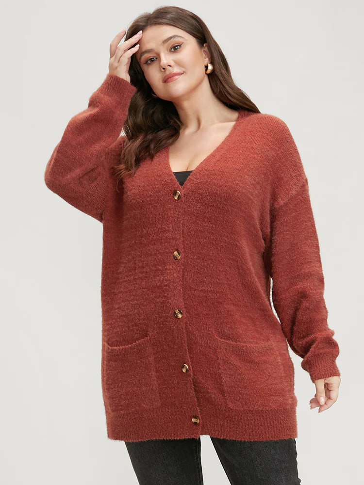Solid Pointelle Knit Pocket Button Front Heather Cardigan - Image 3