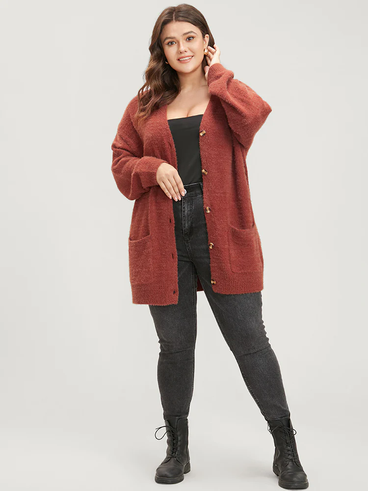 Solid Pointelle Knit Pocket Button Front Heather Cardigan - Image 4