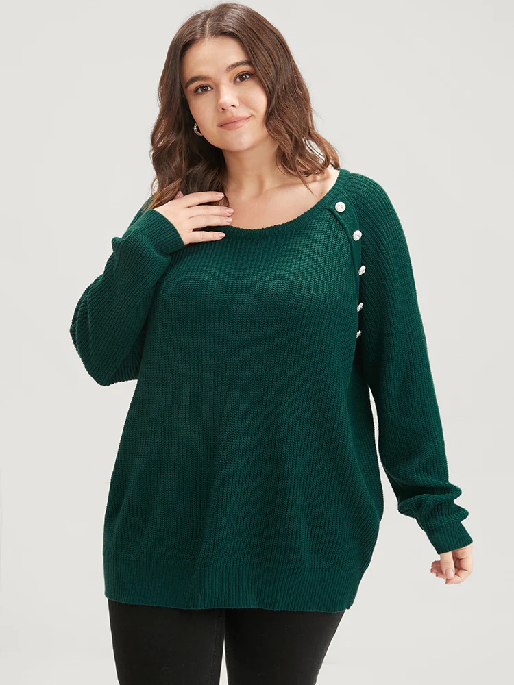 Solid Pointelle Knit Raglan Sleeve Button Detail Knit Top - Image 2