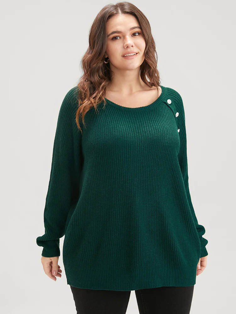 Solid Pointelle Knit Raglan Sleeve Button Detail Knit Top - Image 3