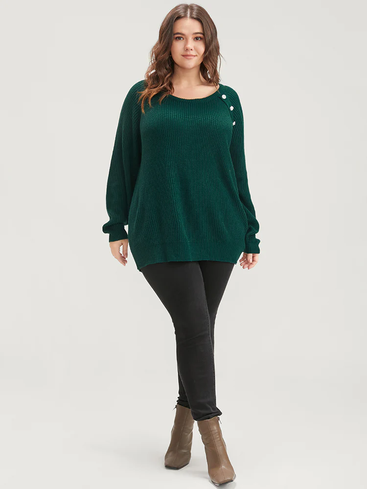 Solid Pointelle Knit Raglan Sleeve Button Detail Knit Top - Image 4