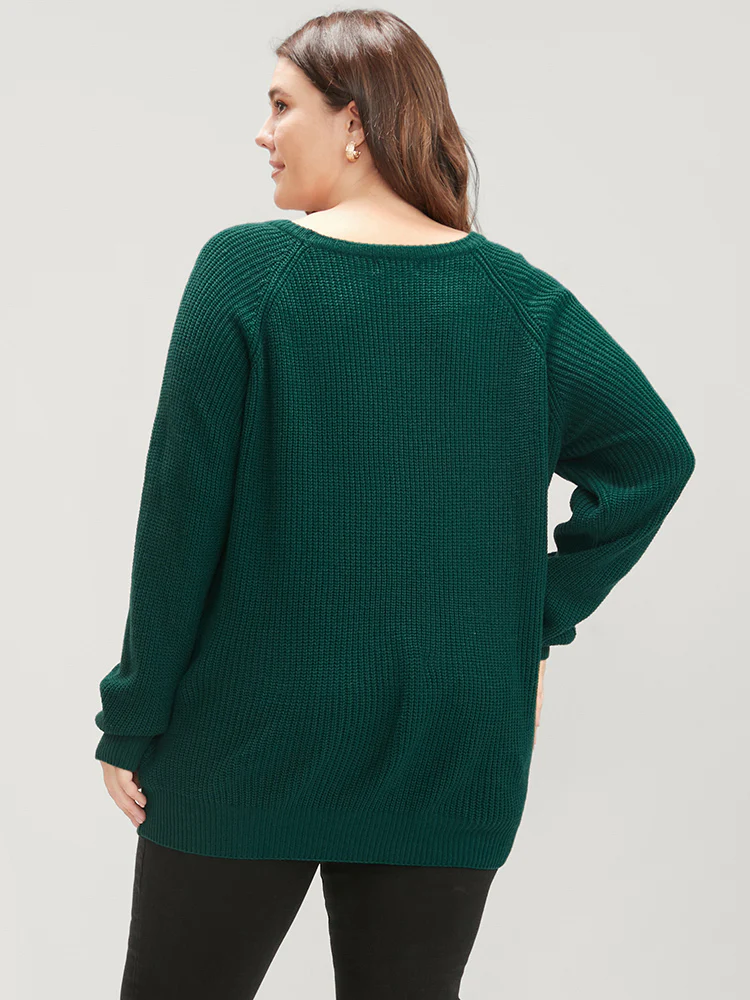 Solid Pointelle Knit Raglan Sleeve Button Detail Knit Top - Image 5