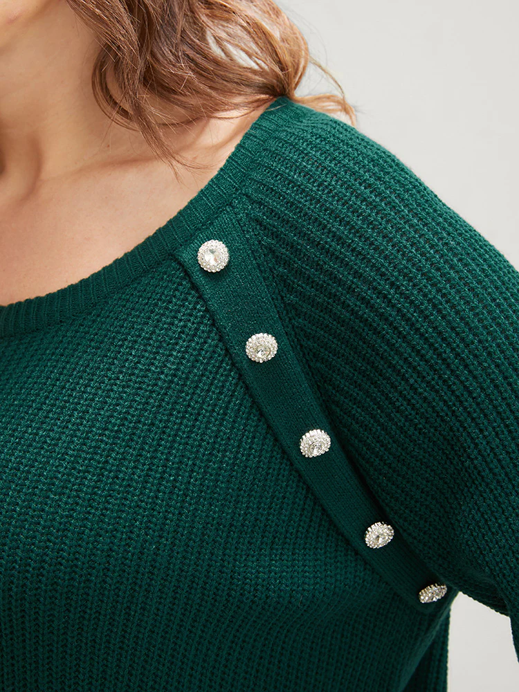 Solid Pointelle Knit Raglan Sleeve Button Detail Knit Top - Image 6