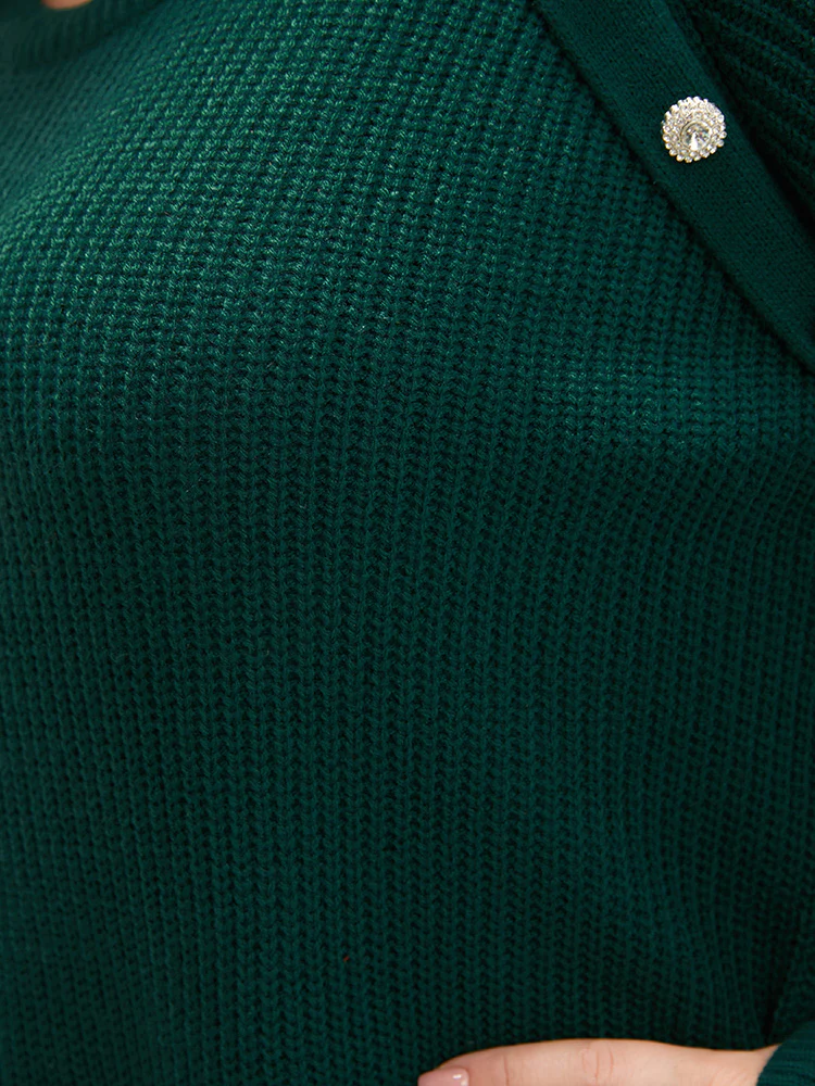 Solid Pointelle Knit Raglan Sleeve Button Detail Knit Top - Image 7
