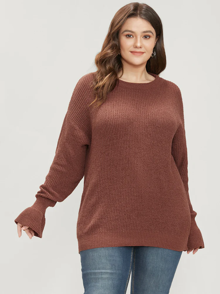 Solid Pointelle Knit Round Neck Bell Sleeve Knit Top - Image 3