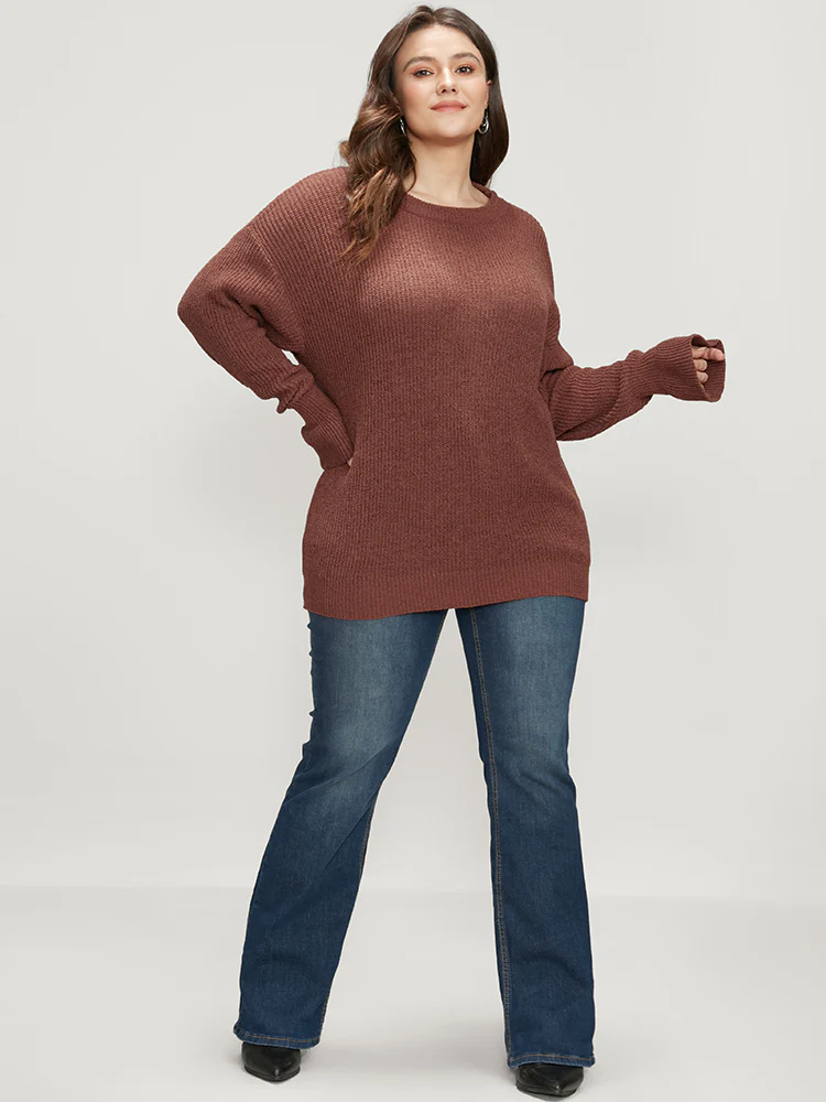 Solid Pointelle Knit Round Neck Bell Sleeve Knit Top - Image 4