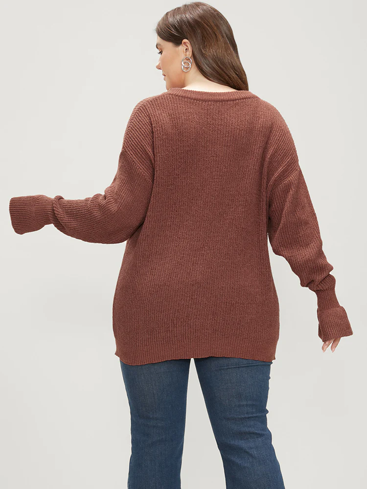 Solid Pointelle Knit Round Neck Bell Sleeve Knit Top - Image 5