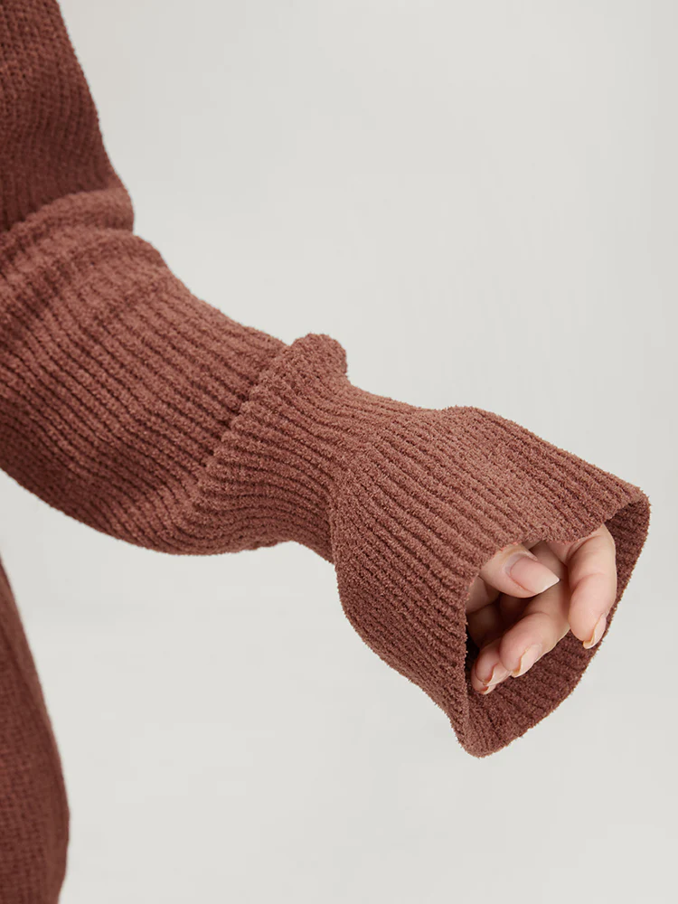 Solid Pointelle Knit Round Neck Bell Sleeve Knit Top - Image 6
