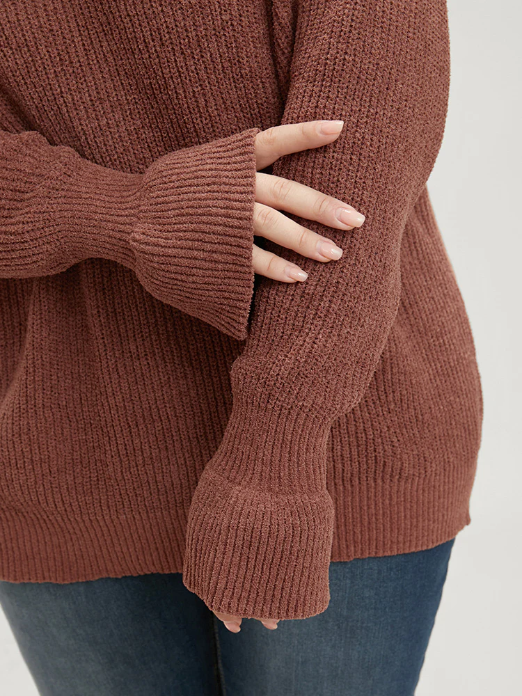 Solid Pointelle Knit Round Neck Bell Sleeve Knit Top - Image 7
