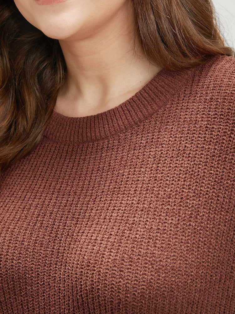 Solid Pointelle Knit Round Neck Bell Sleeve Knit Top - Image 8
