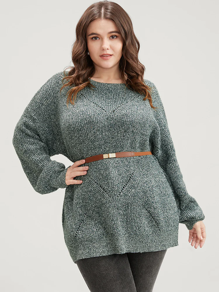 Solid Pointelle Knit Round Neck Cut Out Heather Knit Top - Image 2