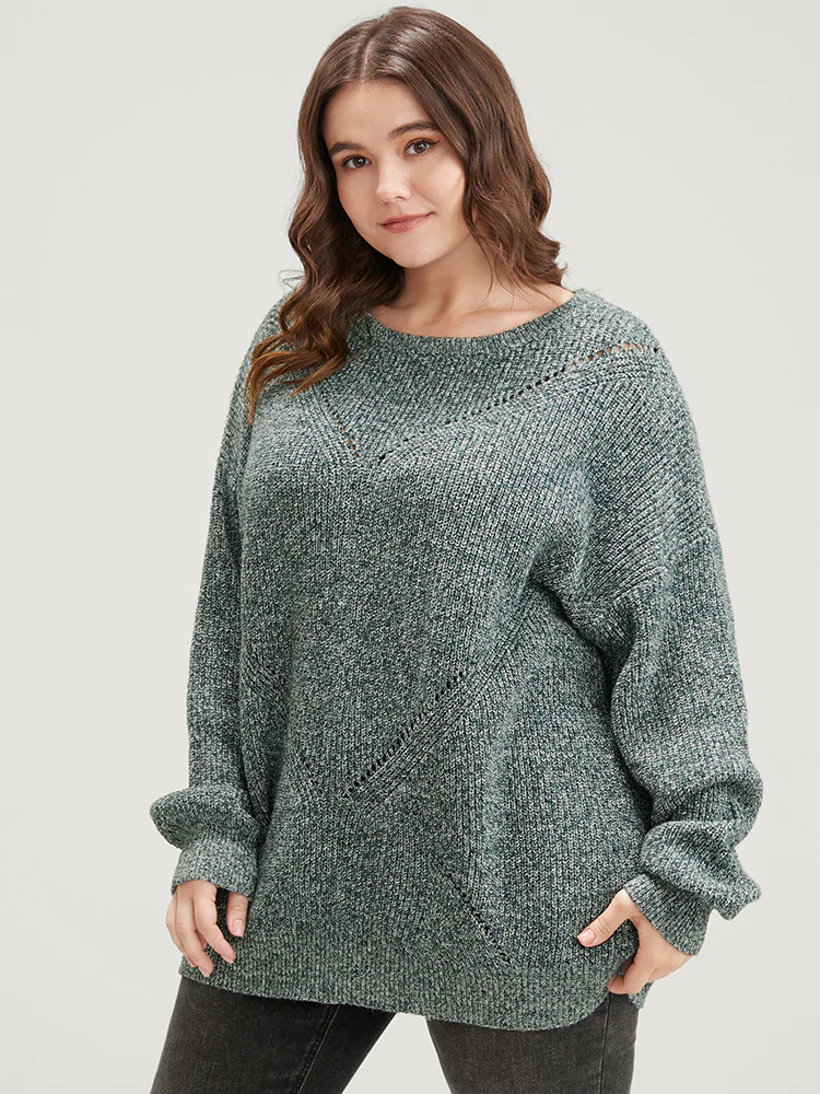 Solid Pointelle Knit Round Neck Cut Out Heather Knit Top - Image 3