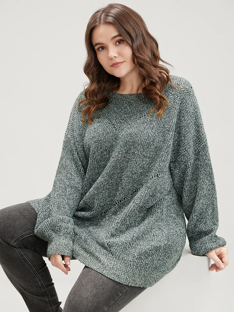 Solid Pointelle Knit Round Neck Cut Out Heather Knit Top - Image 4