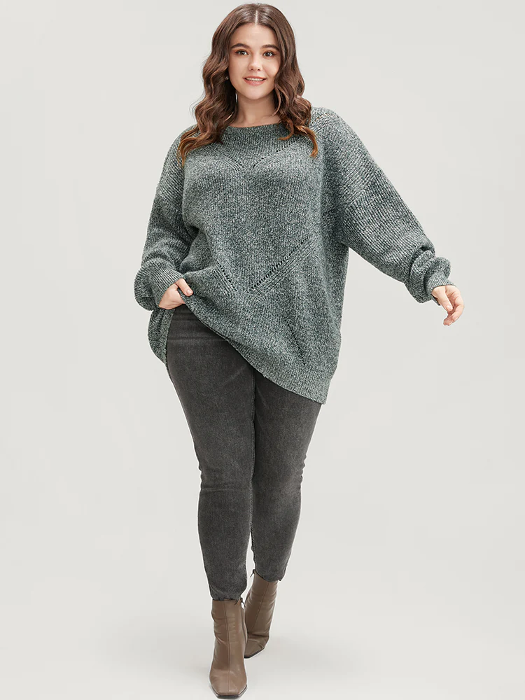 Solid Pointelle Knit Round Neck Cut Out Heather Knit Top - Image 5