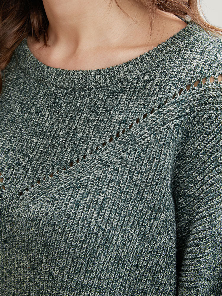 Solid Pointelle Knit Round Neck Cut Out Heather Knit Top - Image 7