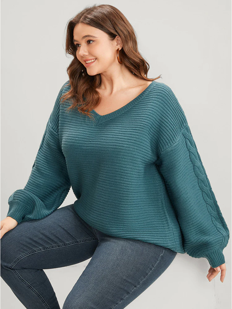 Solid Pointelle Knit V Neck Lantern Sleeve Cable Knit Top - Image 2