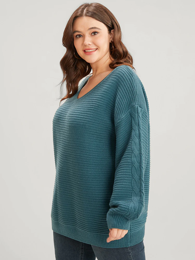 Solid Pointelle Knit V Neck Lantern Sleeve Cable Knit Top - Image 3