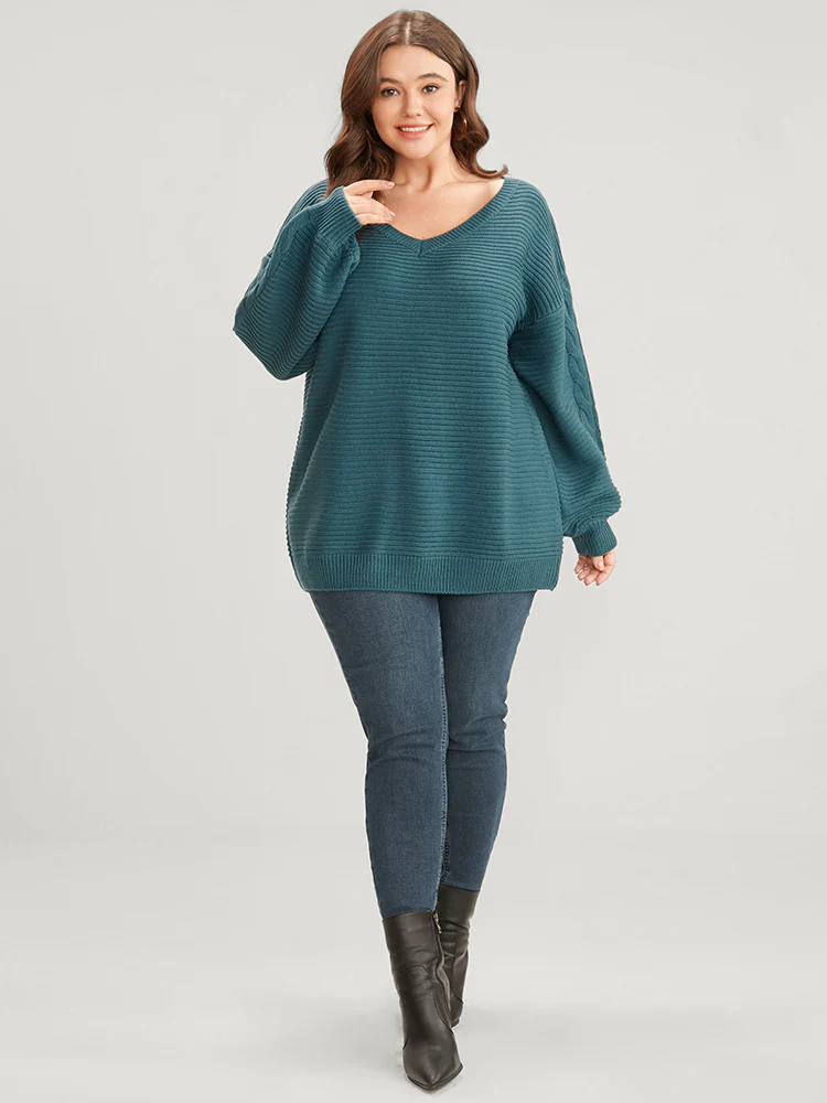 Solid Pointelle Knit V Neck Lantern Sleeve Cable Knit Top - Image 4