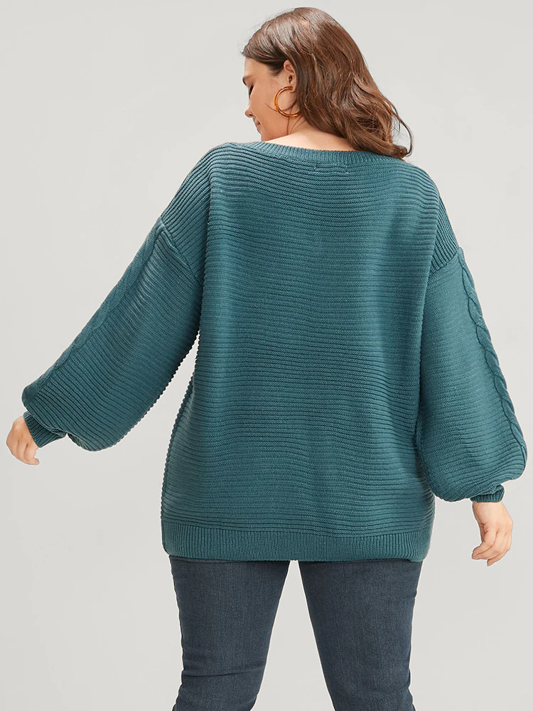 Solid Pointelle Knit V Neck Lantern Sleeve Cable Knit Top - Image 5