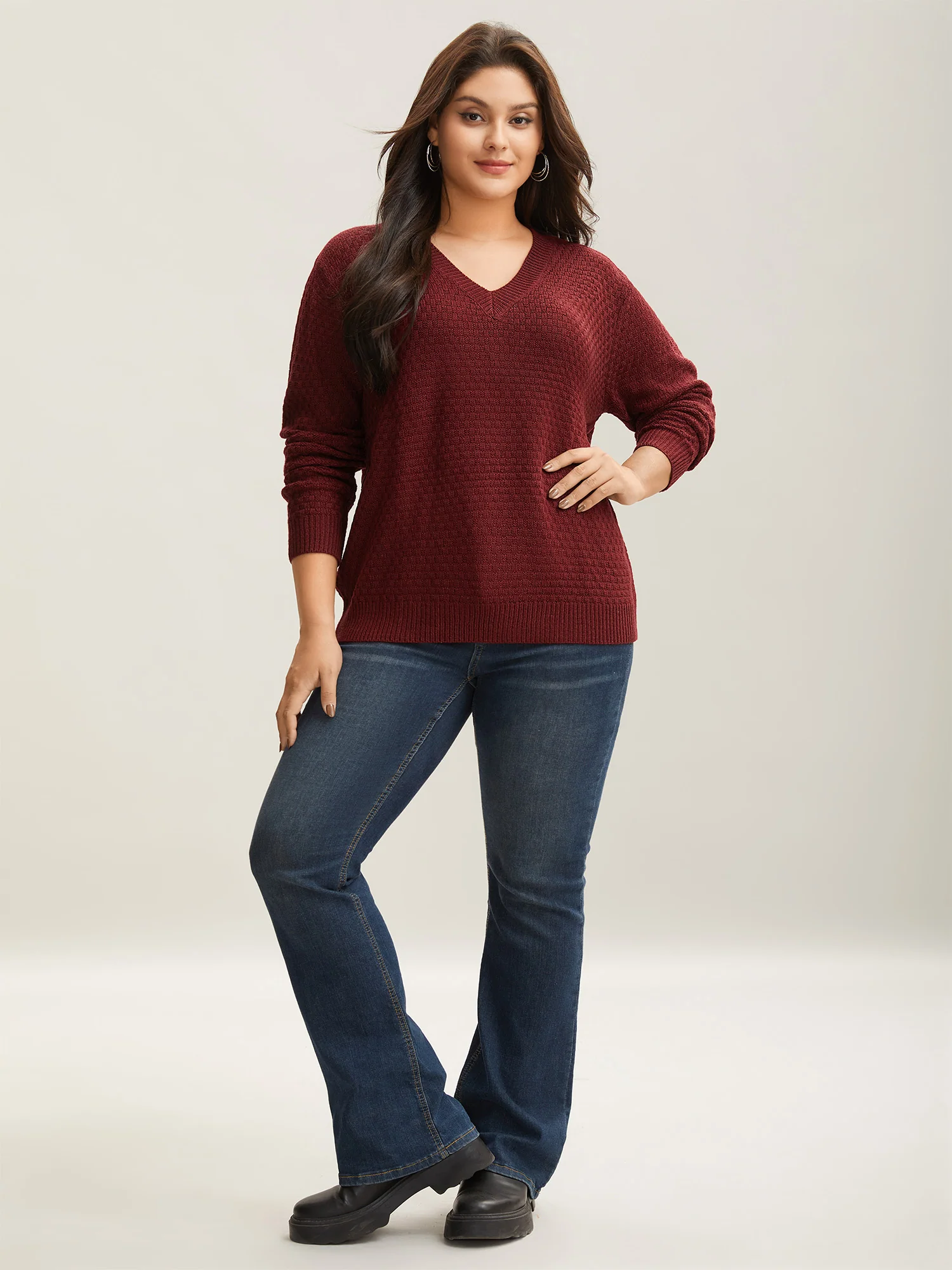 Solid Pointelle Knit V Neck Loose Knit Top - Image 2