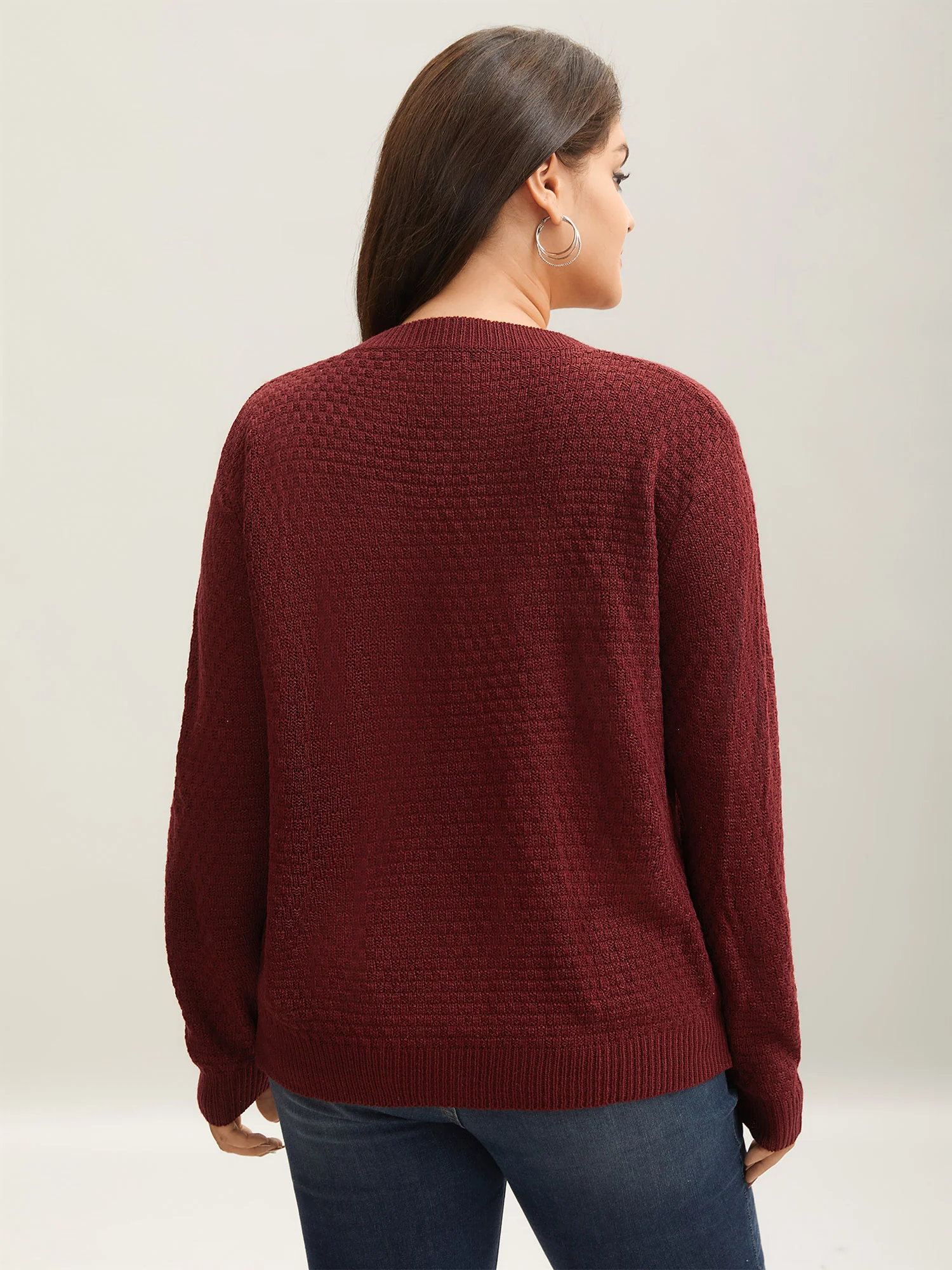 Solid Pointelle Knit V Neck Loose Knit Top - Image 3
