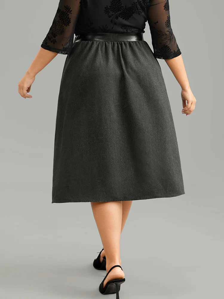 Solid PU Patchwork Pocket Elastic Waist Skirt - Image 2