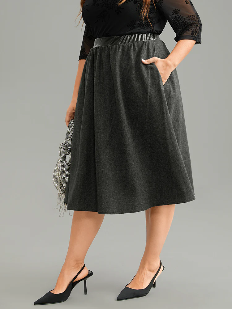 Solid PU Patchwork Pocket Elastic Waist Skirt - Image 3