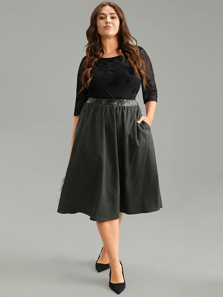 Solid PU Patchwork Pocket Elastic Waist Skirt - Image 4