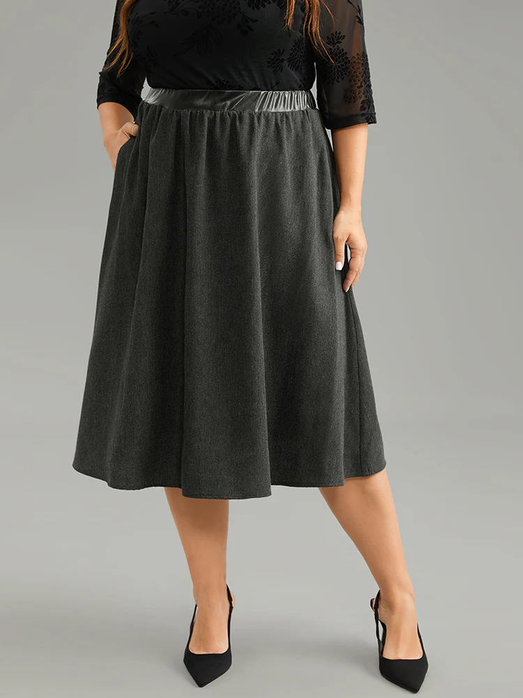 Solid PU Patchwork Pocket Elastic Waist Skirt - Image 5